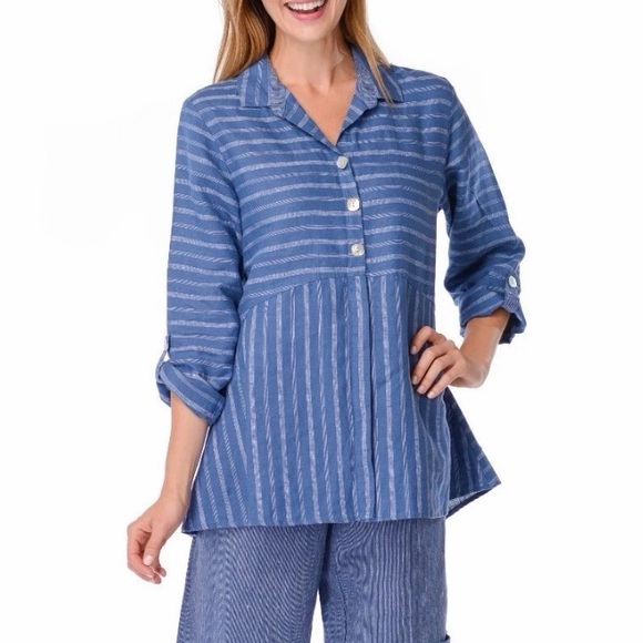 Habitat Tops - Habitat Linen Button Top Sz M White Blue Pin Striped Style 42511 Coastal Chic